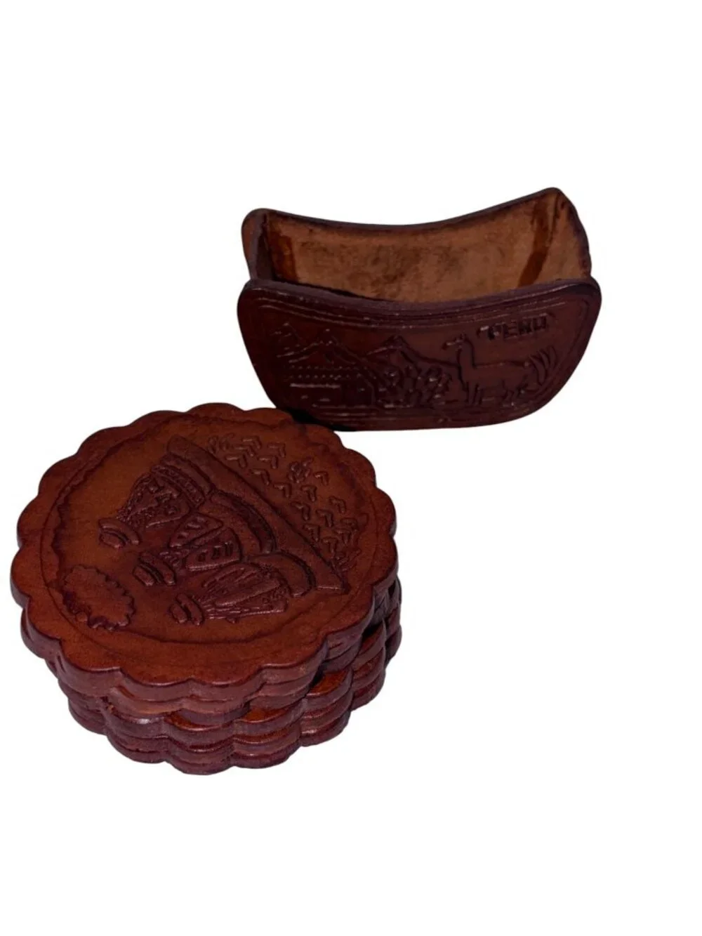 Vintage Peruvian Tooled Leather Coaster Set w/ Holder – Set of 6 Brown Stamped